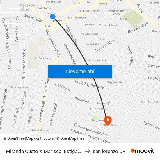 Miranda Cueto X Mariscal Estigarribia to san lorenzo UPAP map