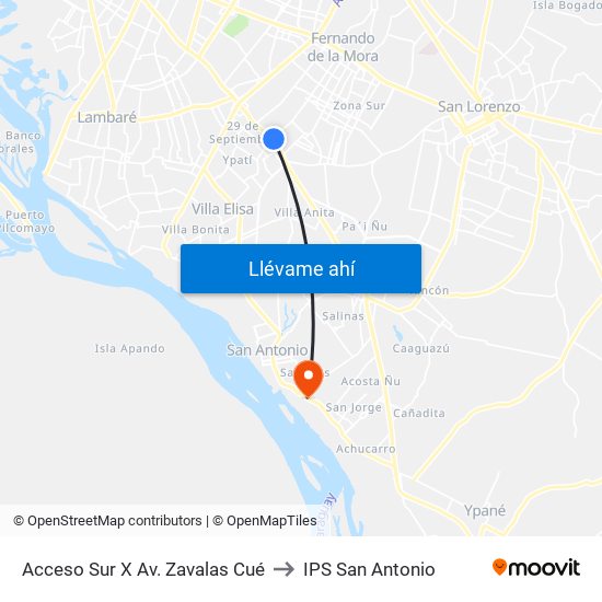 Acceso Sur X Av. Zavalas Cué to IPS San Antonio map