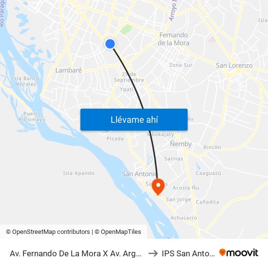 Av. Fernando De La Mora X Av. Argentina to IPS San Antonio map