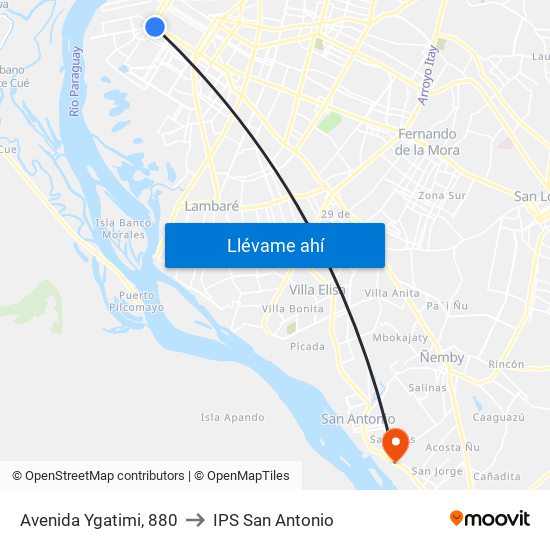Avenida Ygatimi, 880 to IPS San Antonio map