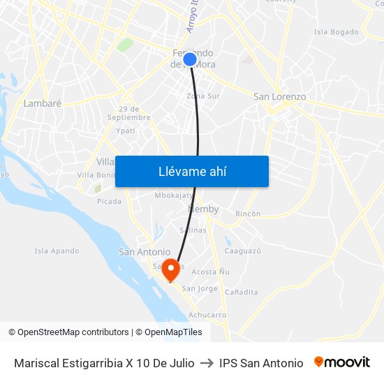 Mariscal Estigarribia X 10 De Julio to IPS San Antonio map