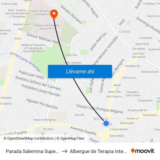 Parada Salemma Super Center to Albergue de Terapia Intensiva IPS map