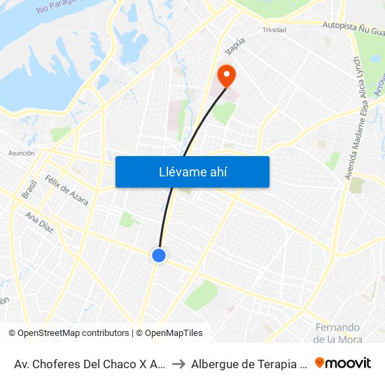 Av. Choferes Del Chaco X Av. Eusebio Ayala to Albergue de Terapia Intensiva IPS map