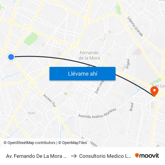 Av. Fernando De La Mora X Av. Argentina to Consultorio Medico Las Mercedes map