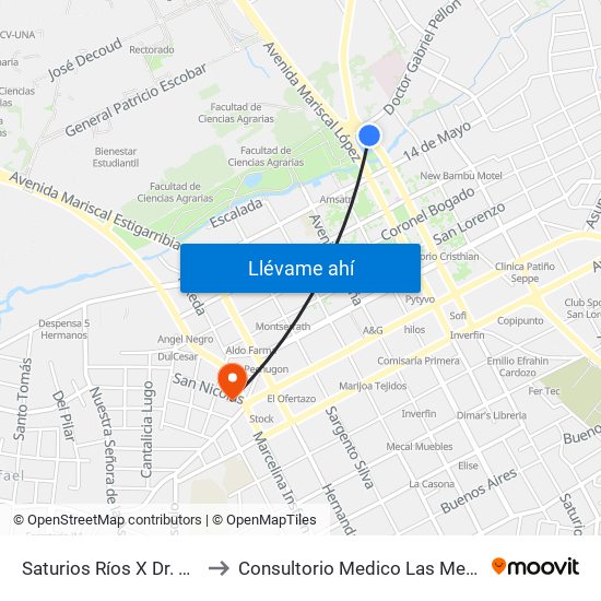 Saturios Ríos X Dr. Pellón to Consultorio Medico Las Mercedes map