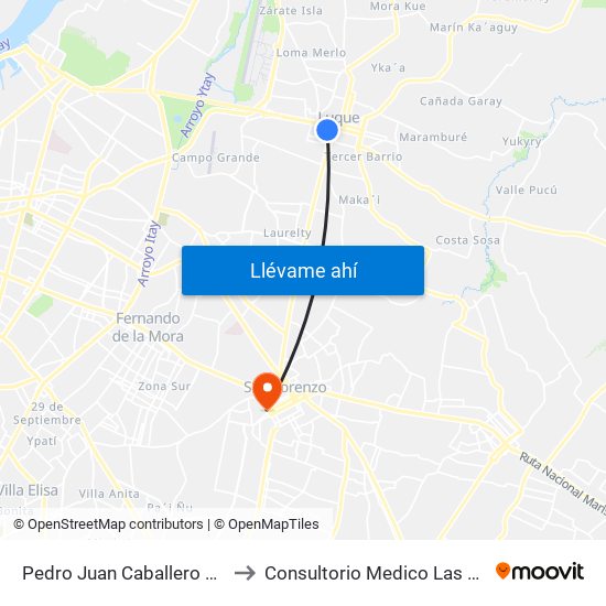 Pedro Juan Caballero X Herrera to Consultorio Medico Las Mercedes map