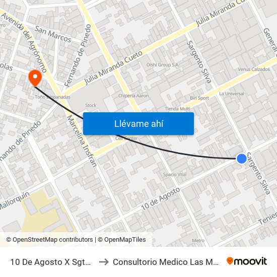 10 De Agosto X Sgto. Silva to Consultorio Medico Las Mercedes map