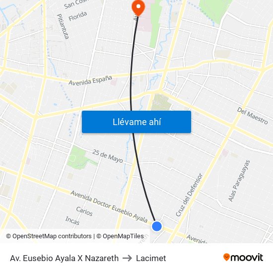 Av. Eusebio Ayala X Nazareth to Lacimet map