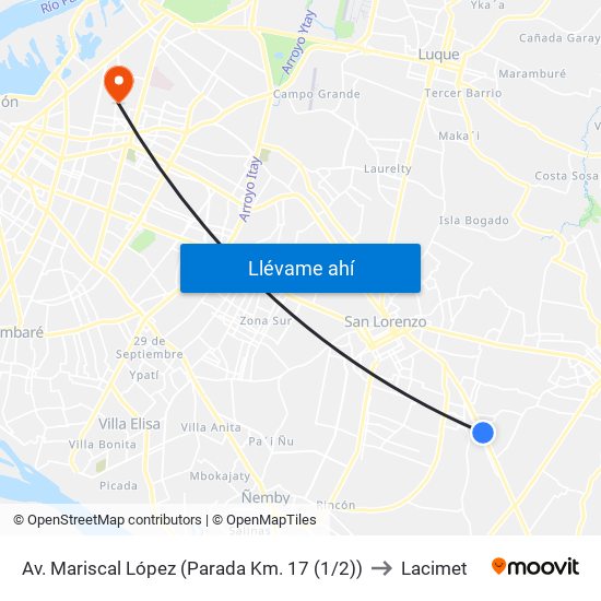 Av. Mariscal López (Parada Km. 17 (1/2)) to Lacimet map