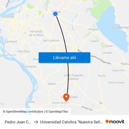 Pedro Juan Caballero X Herrera to Universidad Catolica "Nuestra Señora De La Asuncion" - Sede Guarambaré map