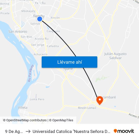 9 De Agosto, 345 to Universidad Catolica "Nuestra Señora De La Asuncion" - Sede Guarambaré map