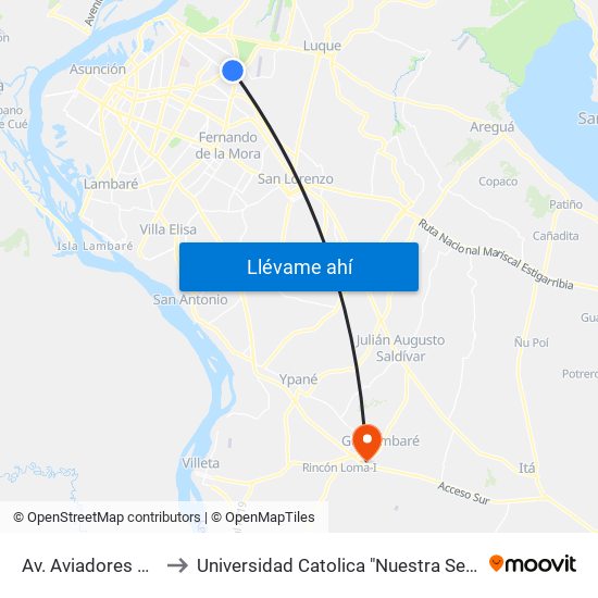 Av. Aviadores Del Chaco X Martínez to Universidad Catolica "Nuestra Señora De La Asuncion" - Sede Guarambaré map