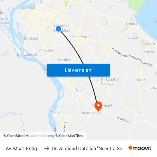 Av. Mcal. Estigarribia X 14 De Mayo to Universidad Catolica "Nuestra Señora De La Asuncion" - Sede Guarambaré map
