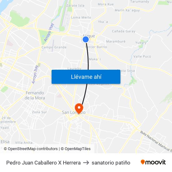 Pedro Juan Caballero X Herrera to sanatorio patiño map