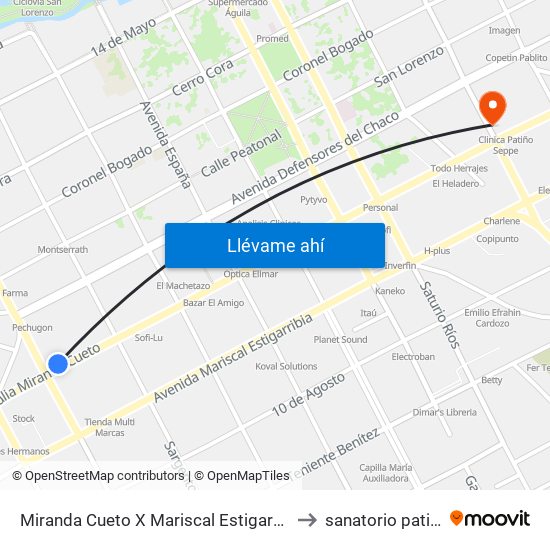 Miranda Cueto X Mariscal Estigarribia to sanatorio patiño map