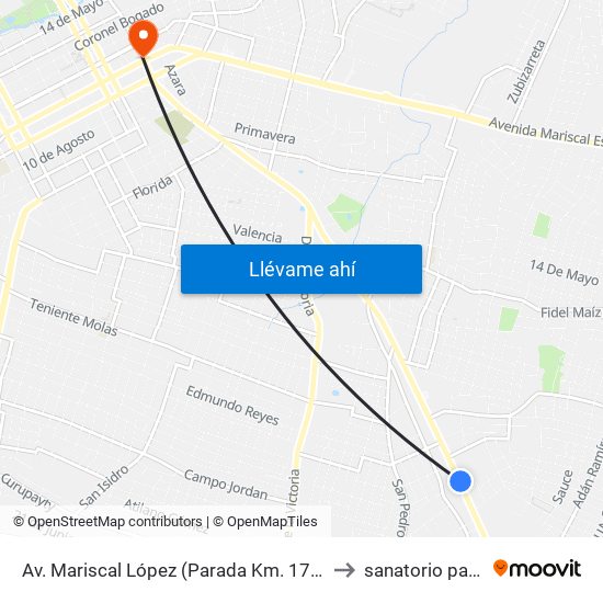 Av. Mariscal López (Parada Km. 17 (1/2)) to sanatorio patiño map