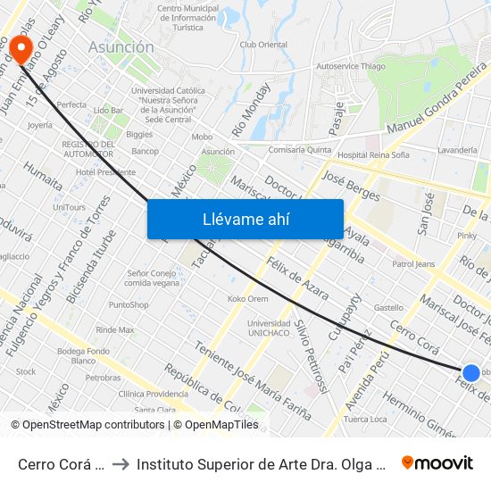 Cerro Corá X Aquino to Instituto Superior de Arte Dra. Olga Blinder (ISA, FADA, UNA) map