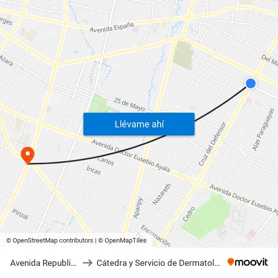 Avenida Republica Argentina, 201 to Cátedra y Servicio de Dermatología - Hospital de Clínicas UNA map