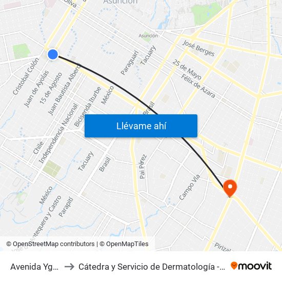 Avenida Ygatimi, 880 to Cátedra y Servicio de Dermatología - Hospital de Clínicas UNA map