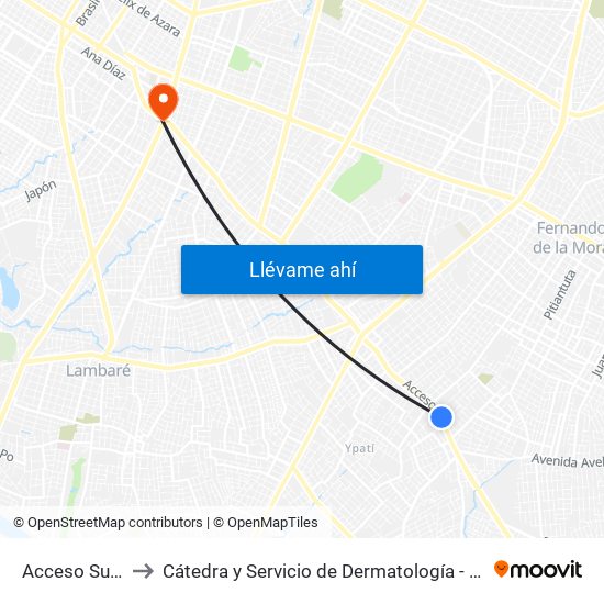 Acceso Sur X Israel to Cátedra y Servicio de Dermatología - Hospital de Clínicas UNA map