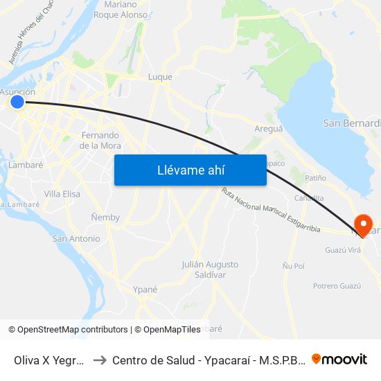 Oliva X Yegros to Centro de Salud - Ypacaraí - M.S.P.B.S. map