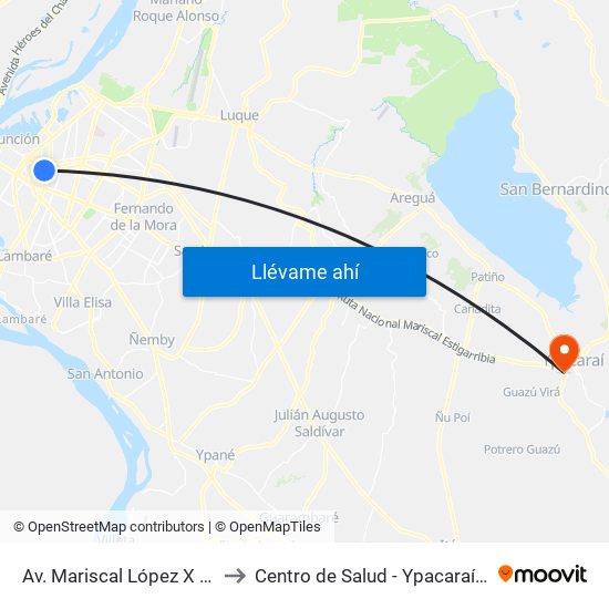Av. Mariscal López X Melgarejo to Centro de Salud - Ypacaraí - M.S.P.B.S. map