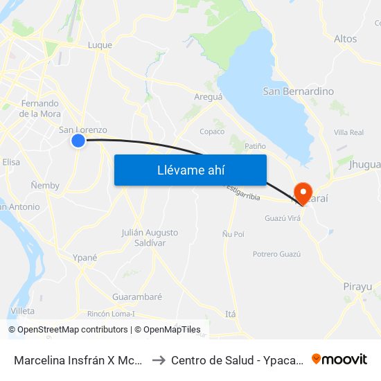 Marcelina Insfrán X Mcal. Estigarribia to Centro de Salud - Ypacaraí - M.S.P.B.S. map