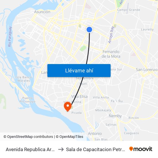 Avenida Republica Argentina, 201 to Sala de Capacítacion Petropar-Villa Elisa map