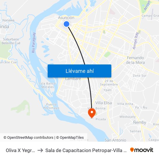 Oliva X Yegros to Sala de Capacítacion Petropar-Villa Elisa map