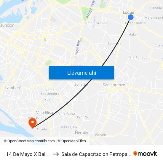 14 De Mayo X Balderrama to Sala de Capacítacion Petropar-Villa Elisa map