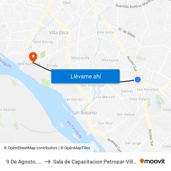 9 De Agosto, 345 to Sala de Capacítacion Petropar-Villa Elisa map