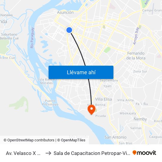 Av. Velasco X Brasil to Sala de Capacítacion Petropar-Villa Elisa map
