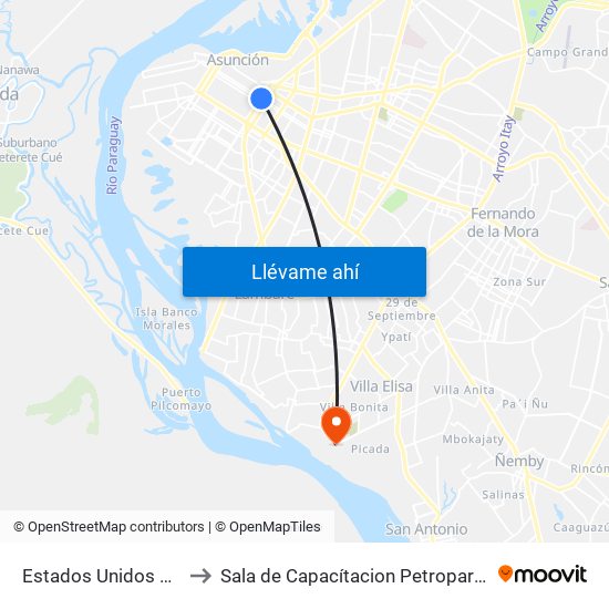 Estados Unidos X Azara to Sala de Capacítacion Petropar-Villa Elisa map