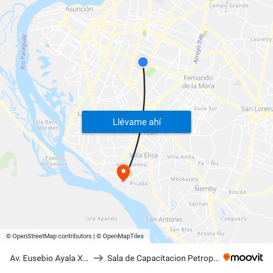 Av. Eusebio Ayala X Nazareth to Sala de Capacítacion Petropar-Villa Elisa map