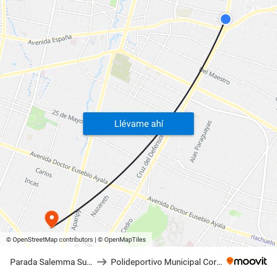 Parada Salemma Super Center to Polideportivo Municipal Coronel Martinez map