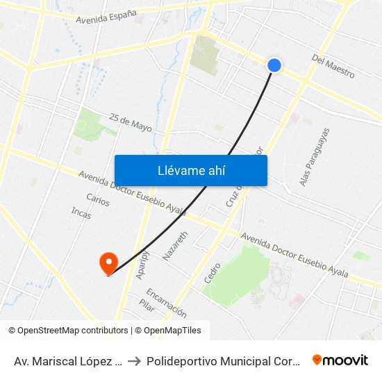 Av. Mariscal López X Bulnes to Polideportivo Municipal Coronel Martinez map