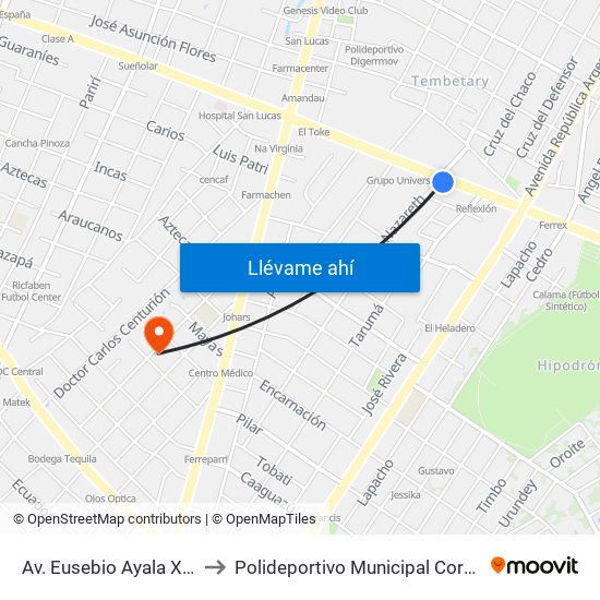 Av. Eusebio Ayala X Nazareth to Polideportivo Municipal Coronel Martinez map