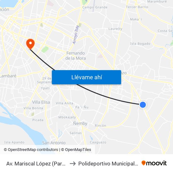 Av. Mariscal López (Parada Km. 17 (1/2)) to Polideportivo Municipal Coronel Martinez map