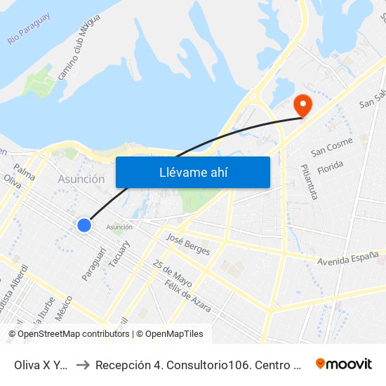 Oliva X Yegros to Recepción 4. Consultorio106. Centro Médico La Costa map