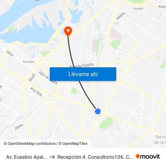 Av. Eusebio Ayala X Nazareth to Recepción 4. Consultorio106. Centro Médico La Costa map