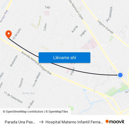 Parada Una Paseo Amelia to Hospital Materno Infantil Fernando de la Mora map