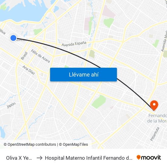 Oliva X Yegros to Hospital Materno Infantil Fernando de la Mora map