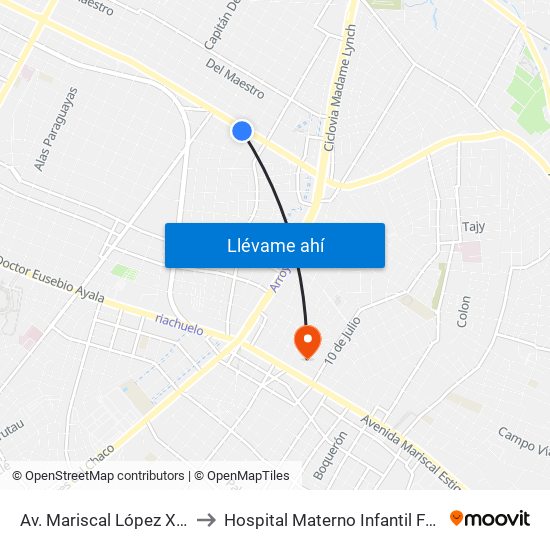 Av. Mariscal López X Capitán Bueno to Hospital Materno Infantil Fernando de la Mora map