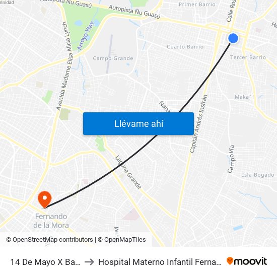 14 De Mayo X Balderrama to Hospital Materno Infantil Fernando de la Mora map