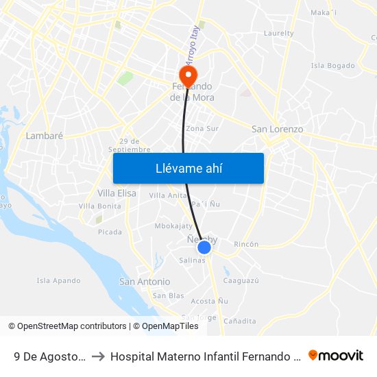 9 De Agosto, 345 to Hospital Materno Infantil Fernando de la Mora map