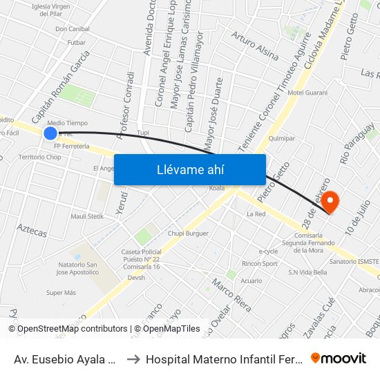 Av. Eusebio Ayala X Félix Lopéz to Hospital Materno Infantil Fernando de la Mora map