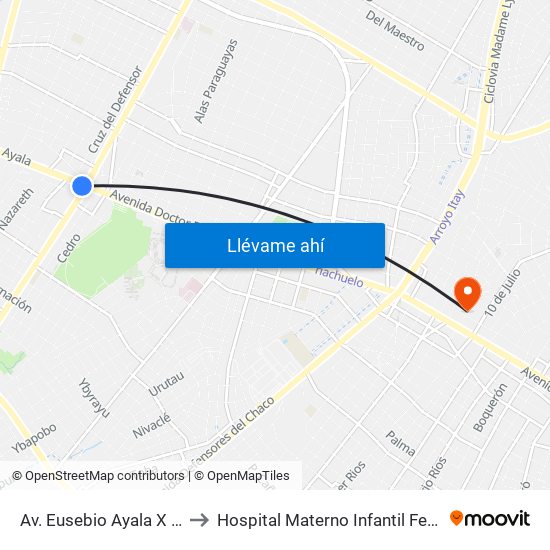 Av. Eusebio Ayala X Av. Argentina to Hospital Materno Infantil Fernando de la Mora map