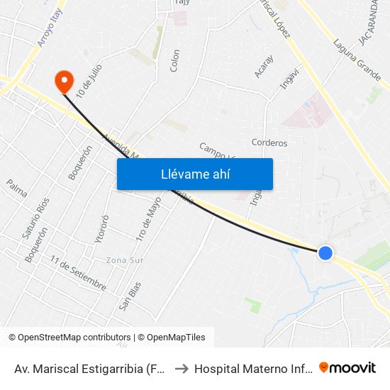 Av. Mariscal Estigarribia (Facultad De Ciencias Económicas) to Hospital Materno Infantil Fernando de la Mora map