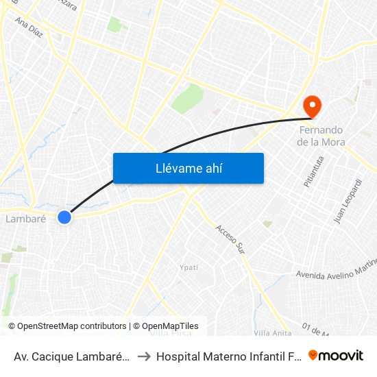 Av. Cacique Lambaré Y Calle Escobar to Hospital Materno Infantil Fernando de la Mora map