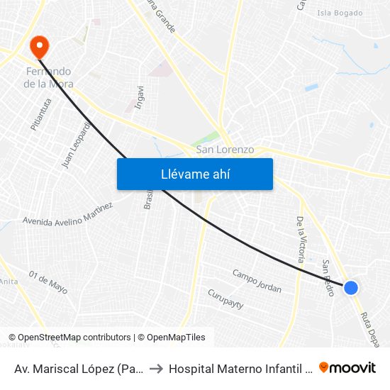 Av. Mariscal López (Parada Km. 17 (1/2)) to Hospital Materno Infantil Fernando de la Mora map